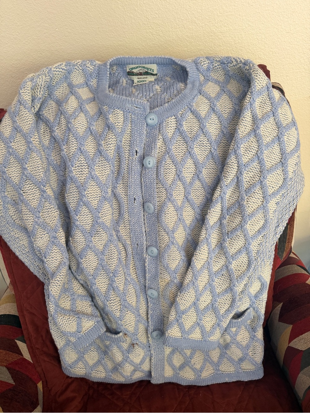 Aran Crafts Light Blue and White Cable Knit Cardigan Sweater